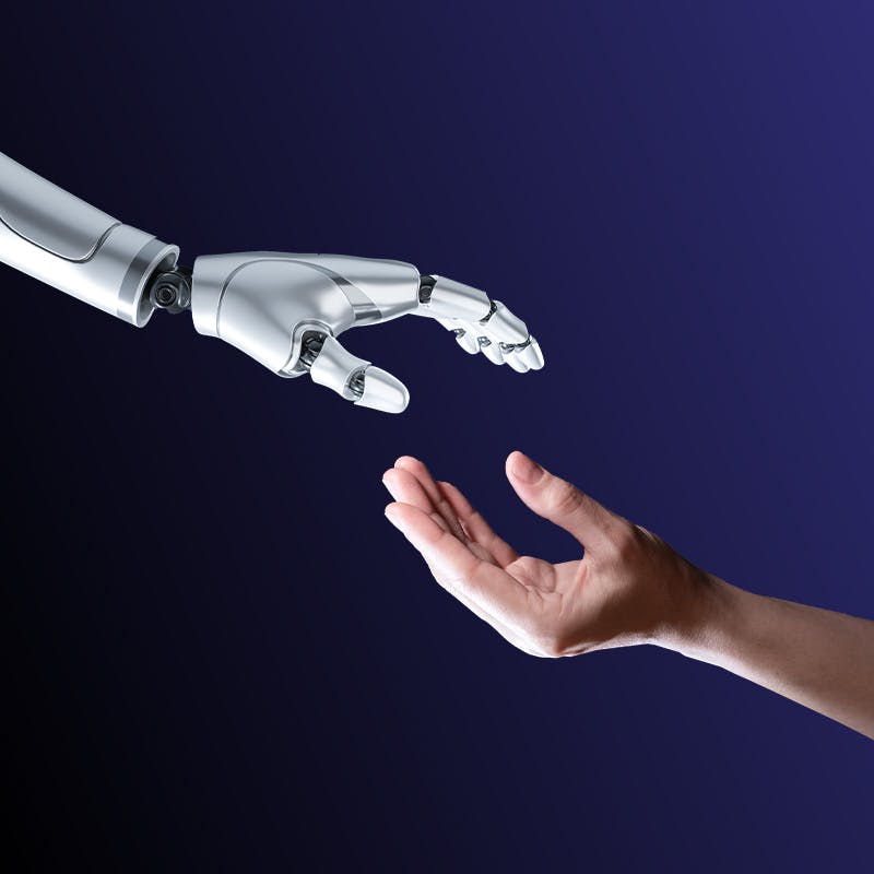 AI hand and human hand about to touch