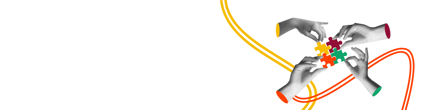 Four diverse hands, two in grayscale and two in color, connecting puzzle pieces to symbolize collaboration and teamwork, illustrating the webinar 'Teamwork in today's workplace'.