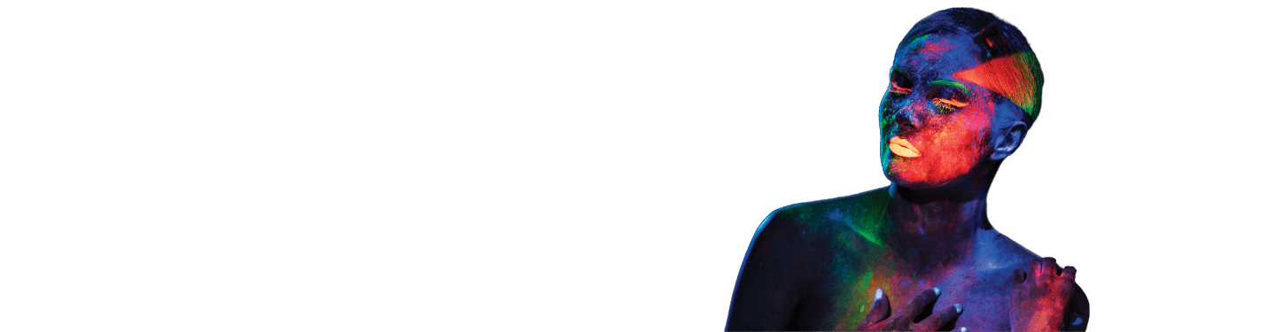 A woman with a painted face against a black background - signifying 5th color technology.