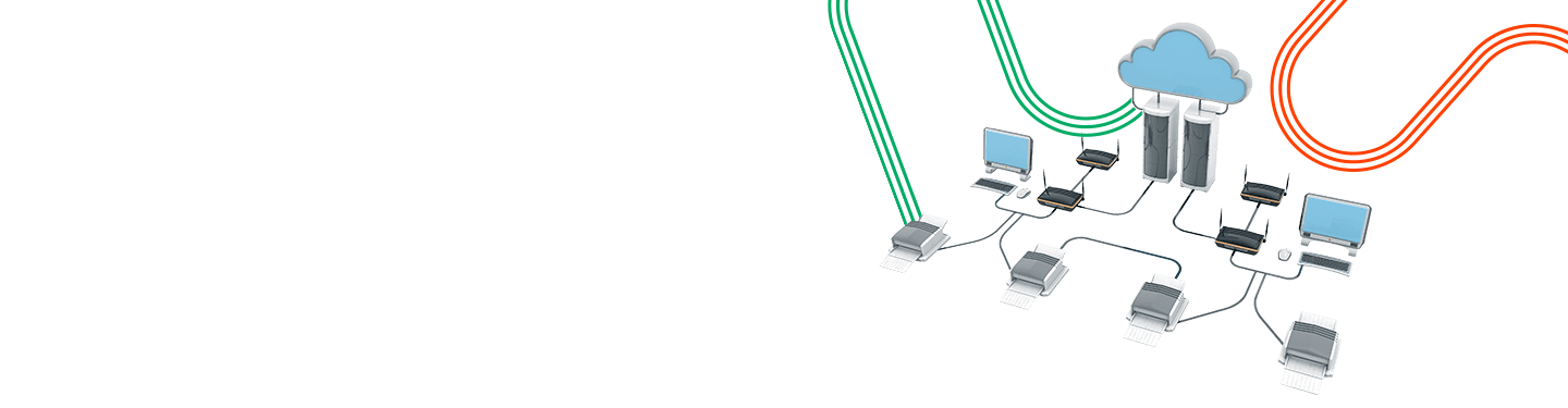 Two data machines with a cloud figure above connected to two monitors with keyboards and four printers - symbolizing centralized control for distributed workforces