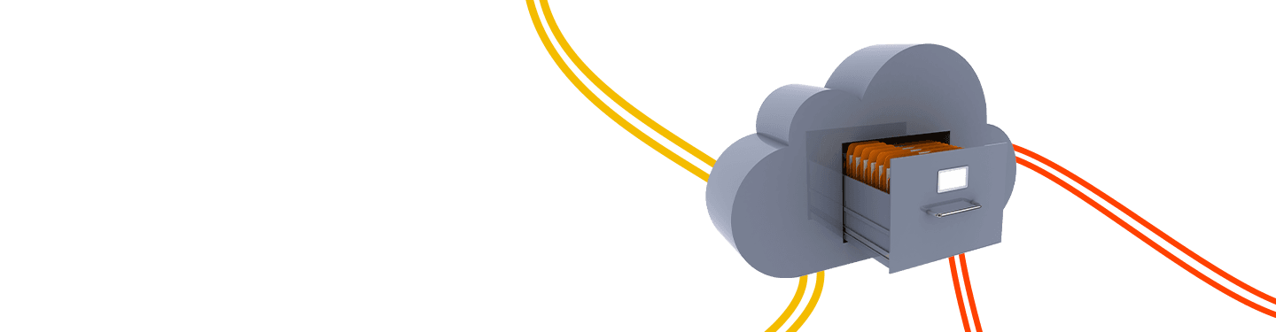 A cloud-shaped file cabinet with an open drawer filled with organized digital folders, symbolizing secure and efficient document archiving in the digital workplace, highlighting the webinar '7 Tips for Secured Document Archiving in the Digital Workplace'.
