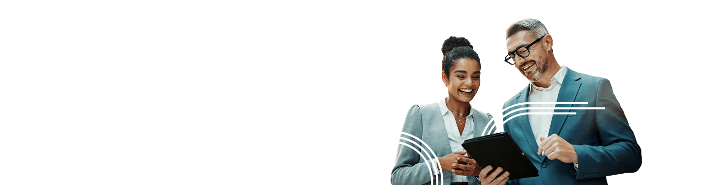 A woman and man in business suits looking at a tablet, at how Ricoh and Kyocera are redefining inkjet innovation