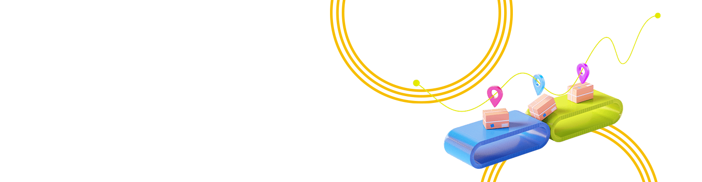 Two small figures in blue and yellow with tiny mailboxes with location signs in pink, purple and blue on top of them denoting a day in the life of intelligent delivery mail