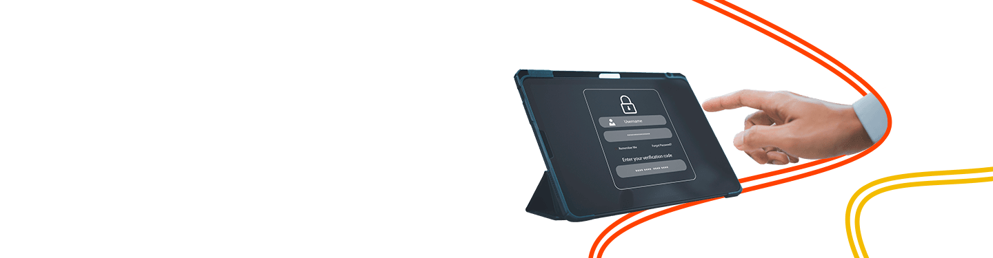 A person using a tablet with a digital security login screen, illustrating the webinar 'See how easy paperless can be' about digital transformation, paperless workflows, and secure login processes.