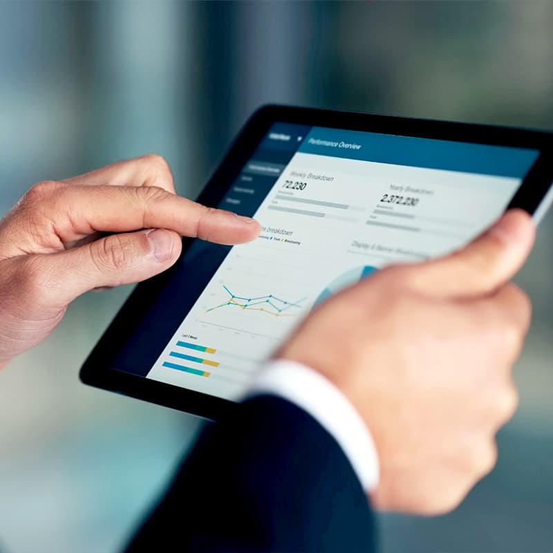 business man with tablet for invest strategy, finance growth or financial review. Hand, screen or analytics on technology for planning, data analysis or economy web research