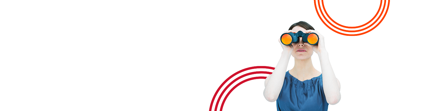 A woman in a blue top with binoculars, depicting the search for finding the right type of scanner that fits your business.