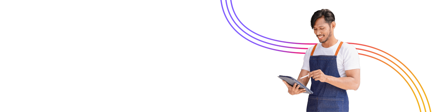 Man standing using a tablet at a successful startup and new store concept